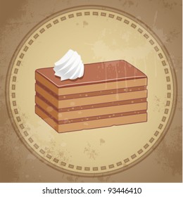Template frame design with chocolate cake piece, old retro style, dessert time concept, vector background illustration