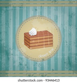 Template frame design with chocolate cake piece, old retro style, dessert time concept, vector background illustration