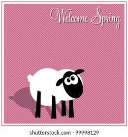 Template frame design with cute cartoon sheep with shadow and Welcome Spring text, vector illustration