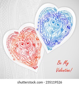 Template frame design element paper heart for love card with doodle lace hearts. Red and blue heart pattern isolation on white background. Can be used for packaging, invitations and template.
