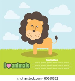 template frame design for endangered animals, cartoon lion card, vector illustration