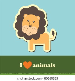 template frame design for endangered animals, cartoon lion card, vector illustration
