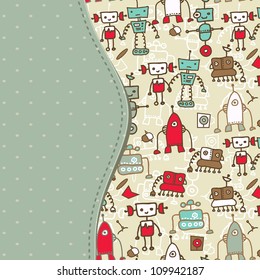Template frame design for greeting card with colorful robots