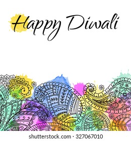 Template frame design for greeting card. Watercolor stains. Vector abstract background. Floral Linear Indian pattern. Happy Diwali Festival. Hand drawn illustration.
