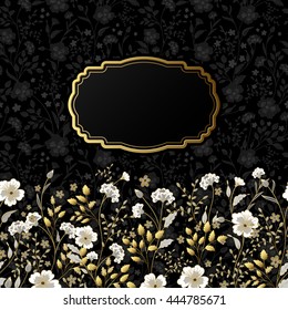 Template frame design for greeting card. Cute little flowers background. Gold gray beige with golden stroke herbs on black