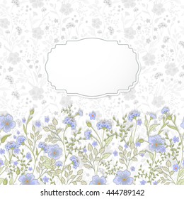 Template frame design for greeting card. Cute little flowers background. Pastel blue green herbs on black