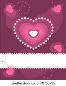 Template frame design for greeting card: white stripe for your text, pink small transparent hearts and big concentric heart.