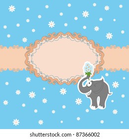 Template frame design for greeting card . Funny elephant with a bouquet of daisies