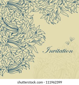 Template frame design for greeting retro card with blue flowers
