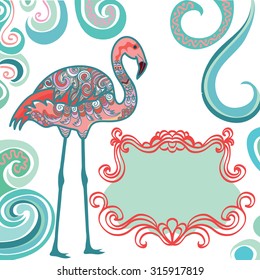Template frame design hand drawn for greeting card with flamingo, vector