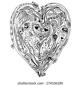 Template frame design for love card with doodle lace heart. Black and white version. Can be used for packaging, invitations and template.