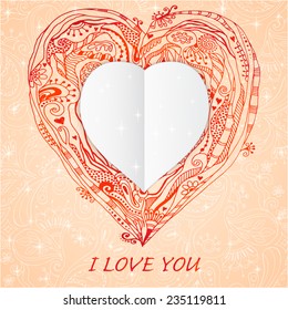 Template frame design for love card with doodle lace heart. Black and white version. Can be used for packaging, invitations and template.