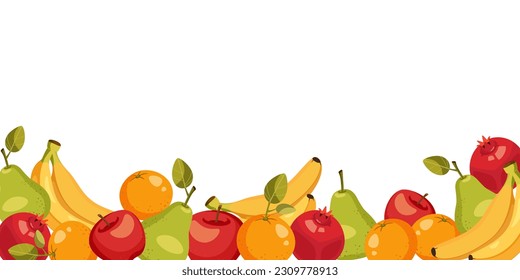 template, frame from fruits. pear, apple, orange, banana and pomegranate. vector illustration. free white circle for text