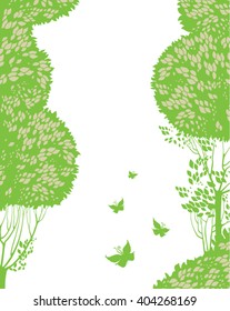 Template frame green branches leaves and butterflies.