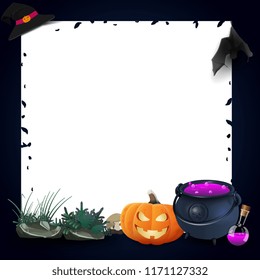 Template frame for Halloween with pumpkin and witch pot