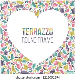 Template with frame heart shape, colorful border with space for text. Abstract stones ornament, decorative design element. Vector illustration in terrazzo style.