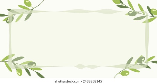 Template with frame, olive branches and green olives. Copy space. Vector illustration for Mediterranean menu card, poster.