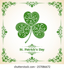 Template with frame and ornate leaf clover.St Patrick Day. Vector illustration. Design invitation, banner, greeting card