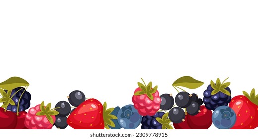template, frame of raspberries, blackberries, blueberries, currants, blueberries, strawberries. vector illustration. free white circle for text