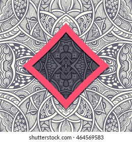 Template with frame and seamless  Zen doodle or  Zen tangle  pattern in grey red colors for advertising cosmetic perfumer  or for decorate package clothes or other things 