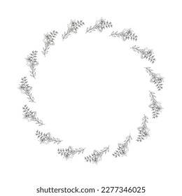 Template frame of spring flowers line art on a white background. Floral design for wedding invitation, banner, poster. Round.
