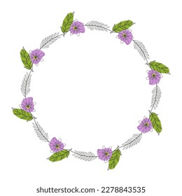 Template frame of spring flowers line art on a white background. Round. Colored. Floral design for wedding invitation, banner, poster.
