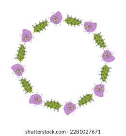 Template frame of spring flowers line art on a white background. Floral design for wedding invitation, banner, poster. Colored. Round.