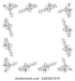 Marco de plantilla de flores de primavera línea de arte sobre un fondo blanco. Cuadrado. Diseño floral para invitación a la boda, pancarta, afiche.