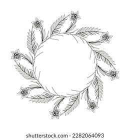 Marco de plantilla de flores de primavera línea de arte sobre un fondo blanco. Redondo. Diseño floral para invitación a la boda, pancarta, afiche.