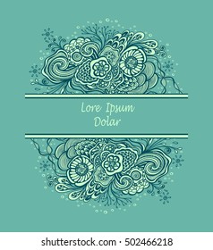 Template frame with unique Doodle elements in vintage handmade style in marine blue colors for advertising cosmetic perfume or for package