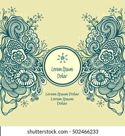 Template frame with unique Doodle elements in vintage handmade style in beige blue colors for advertising cosmetic perfume or for package