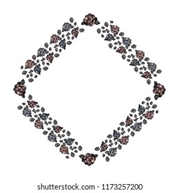 Template. Frame.A rhombus of blue and delicate pink roses and gray leaves on a white background. Vector.