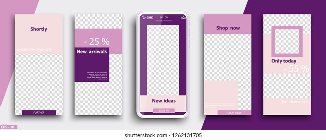 Template Frames for Social Networking Stories Mobile Application ui. Stories Commercial Template. Streaming Sale. Window for photo. marketing, social advertising. Text, font Vector graphics