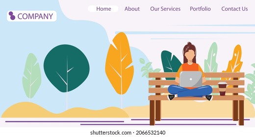 Template for freelace work page. Young woman sitting on the bench in the park and working on a laptop. Freelance, remote working, online studyig concept. Flat design illustration.