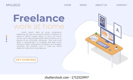 Template for freelancing or working from home. It can be used for a website, banner, or infographic. Contains a computer, Desk, and smartphone. Isometric vector illustration on a light background.