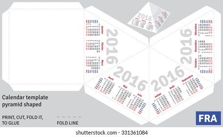 Template french calendar 2016 pyramid shaped, vector