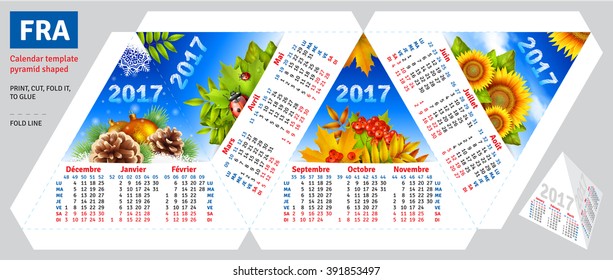 Template french calendar 2017 by seasons pyramid shaped, vector background 