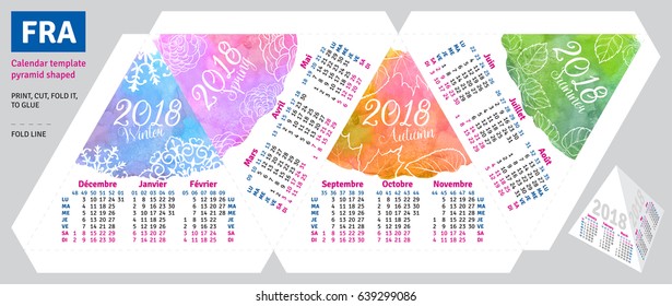 Template french calendar 2018 by seasons pyramid shaped, vector watercolor background