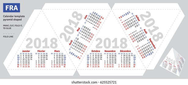 Template french calendar 2018 pyramid shaped, vector