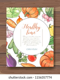 Template with fresh farm vegetables. vector illustration
