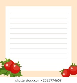 Template with fresh red tomatoes, green leaves and copy space. Vegetable vector illustration. Recipe page.