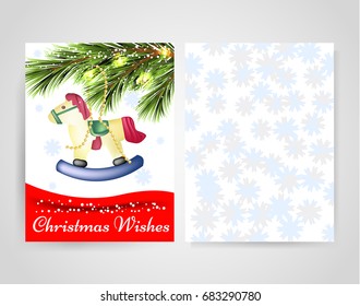 Template front and back. Greetings card for Christmas wishes holiday vertical lease. Coniferous branch, Christmas boll and red ribbon. Realistic Vector Eps 10