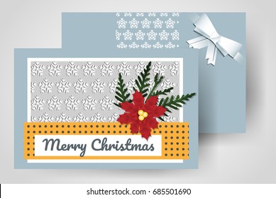 Template front and back.  Greetings card, style modern 90s,  for the New Year's holiday horizontal lease. Blue Christmas tree. Realistic Vector Eps 10