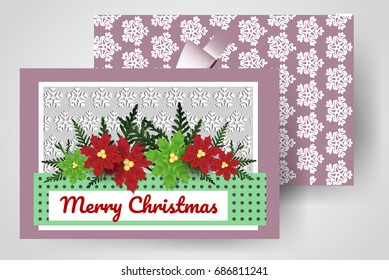 Template front and back.  Greetings card, style modern 90s,  for the New Year's holiday horizontal lease. Blue Christmas tree. Realistic Vector Eps 10