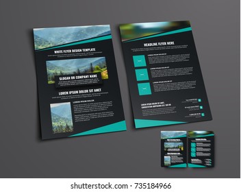 template for the front and back pages of a black flyer with a diagonal line for the photo. Design brochures for business, advertising and printing. Vector illustration