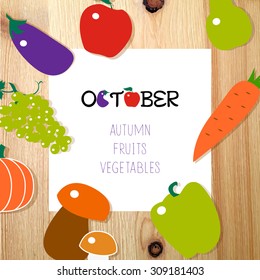 Template with fruits and vegetables vector icon. Modern flat design on wooden texture. Fresh food background. 
