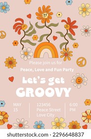 Template with funny dancing daisies on rainbow for groovy party, birthday invitation, flyer, retro poster. Space for text. Vector illustration.