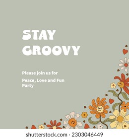 Template with funny dancing daisy flowers for groovy party, birthday invitation, flyer, retro poster. Space for text. Vector illustration.
