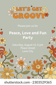 Plantilla con ricas flores de margarita bailando para fiesta groovy, invitación de cumpleaños, volante, afiche retro. Espacio para texto. Ilustración vectorial.