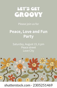 Template with funny dancing daisy flowers for groovy party, birthday invitation, flyer, retro poster. Space for text. Vector illustration.